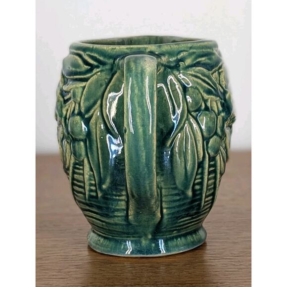 Early McCoy Bird and Cherries Art Pottery Pitcher Green Glaze Made In USA - Picture 2 of 9